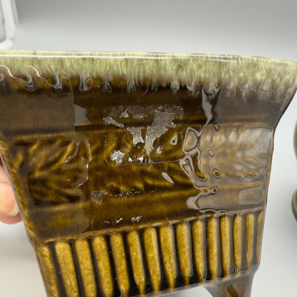Vintage Hull Pottery USA Set of 2 Brown Green Drip Glaze Ceramic Planters MCM - Picture 14 of 16